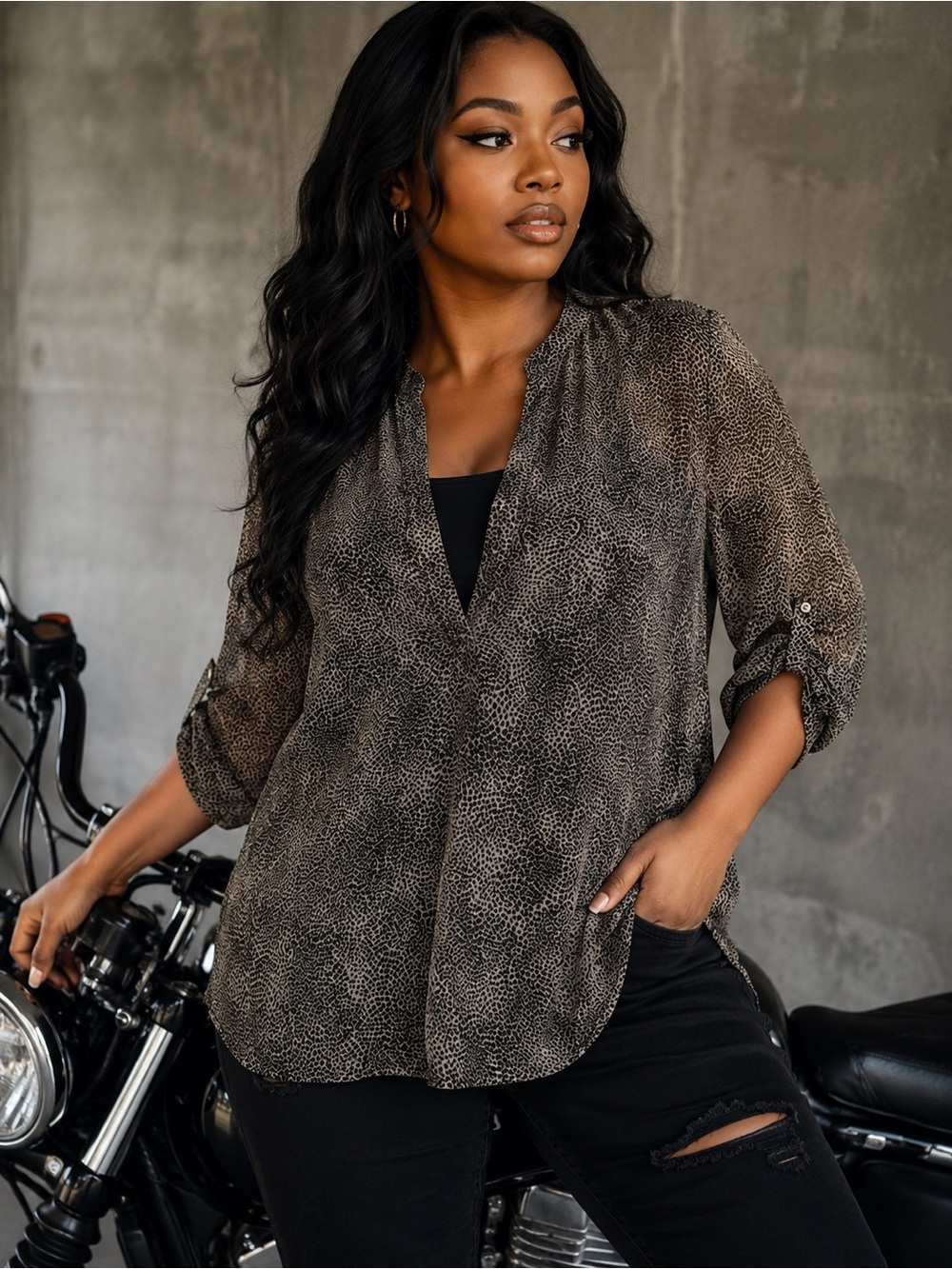 Apt. 9 Black and Tan Animal-Print Button-Down Top